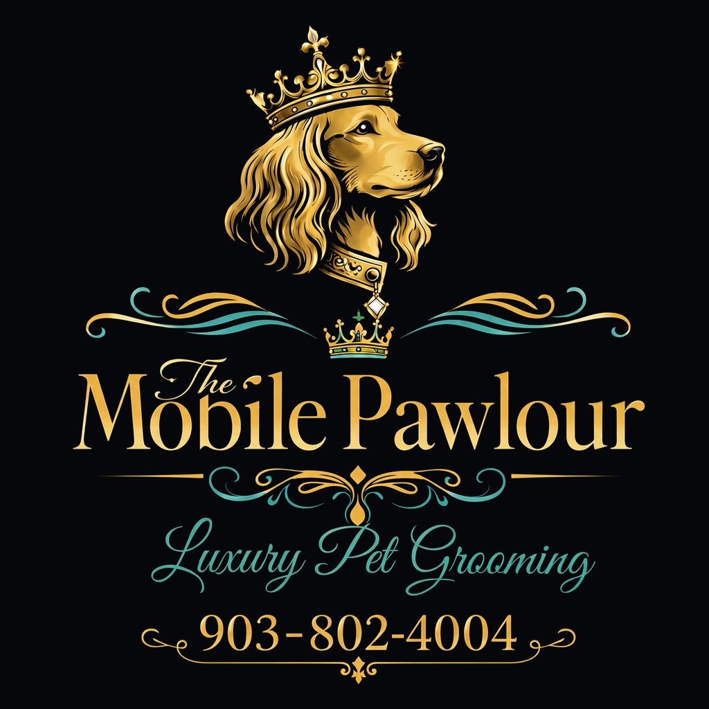 The Mobile Pawlour logo: a crowned golden dog with the words The Mobile Pawlour, Luxury Pet Grooming, and phone number 903-802-4004
